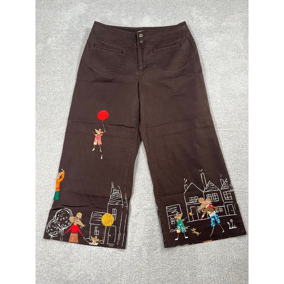 Chico's Pants - Chicos Brown Wide Leg Crop Capri Pants Mouse Village Whimsical Vintage Size 1 M